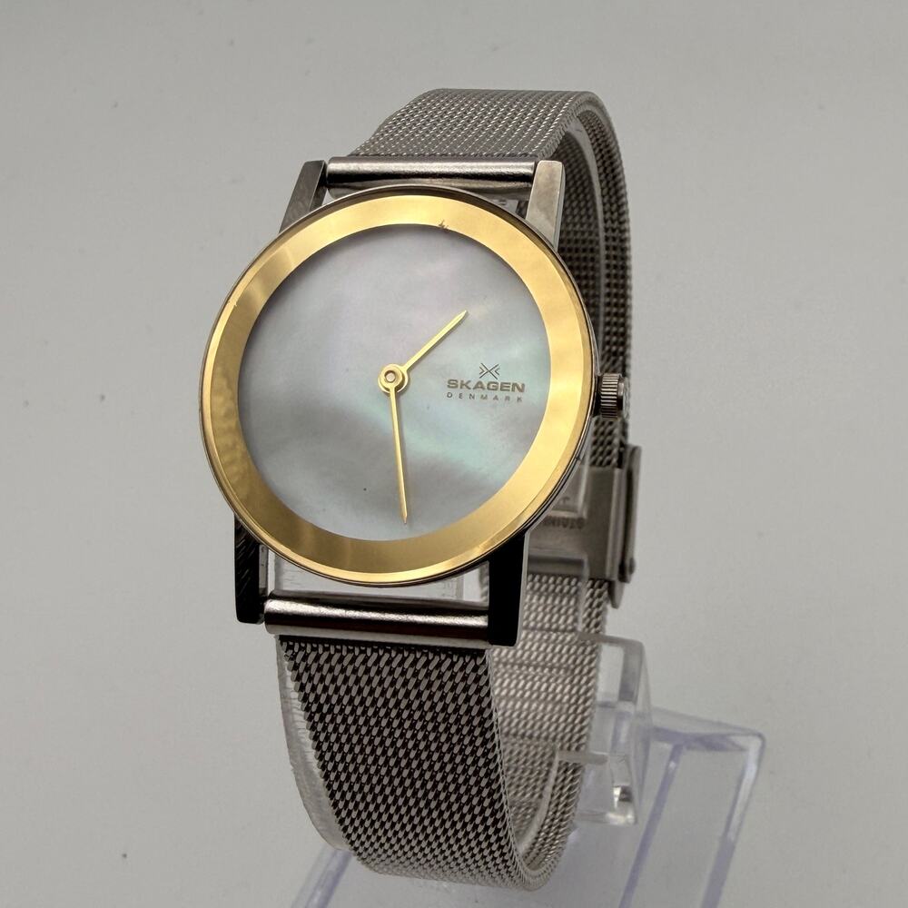 Vintage Skagen 396GSW Gold-Tone MOP Dial Mesh Watch Working New Battery